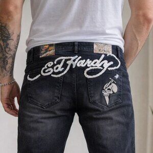 Ed Hardy Black Embroidered Skinny Tapered Jeans 34x30 NWT